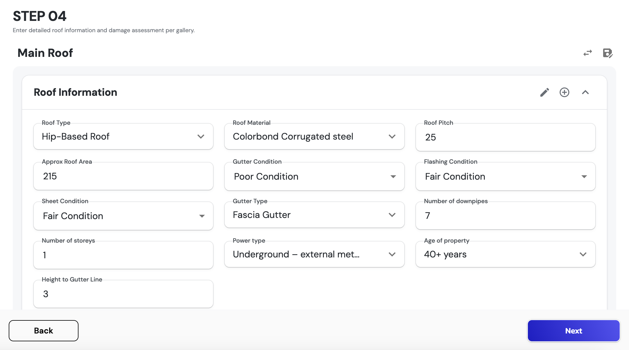 ARIS Detect Roof Information forms screen