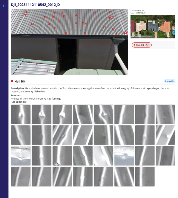 Roof inspection showing hail-impact markers