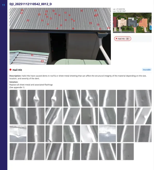 Roof inspection showing hail-impact markers