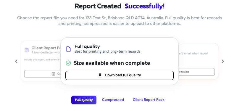 ARIS Detect Report Created screen offering Full quality, Compressed and Client Report Pack versions of a roof report