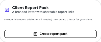 Client Report Pack option in ARIS Detect: a branded letter with shareable report links, with a Create report pack button